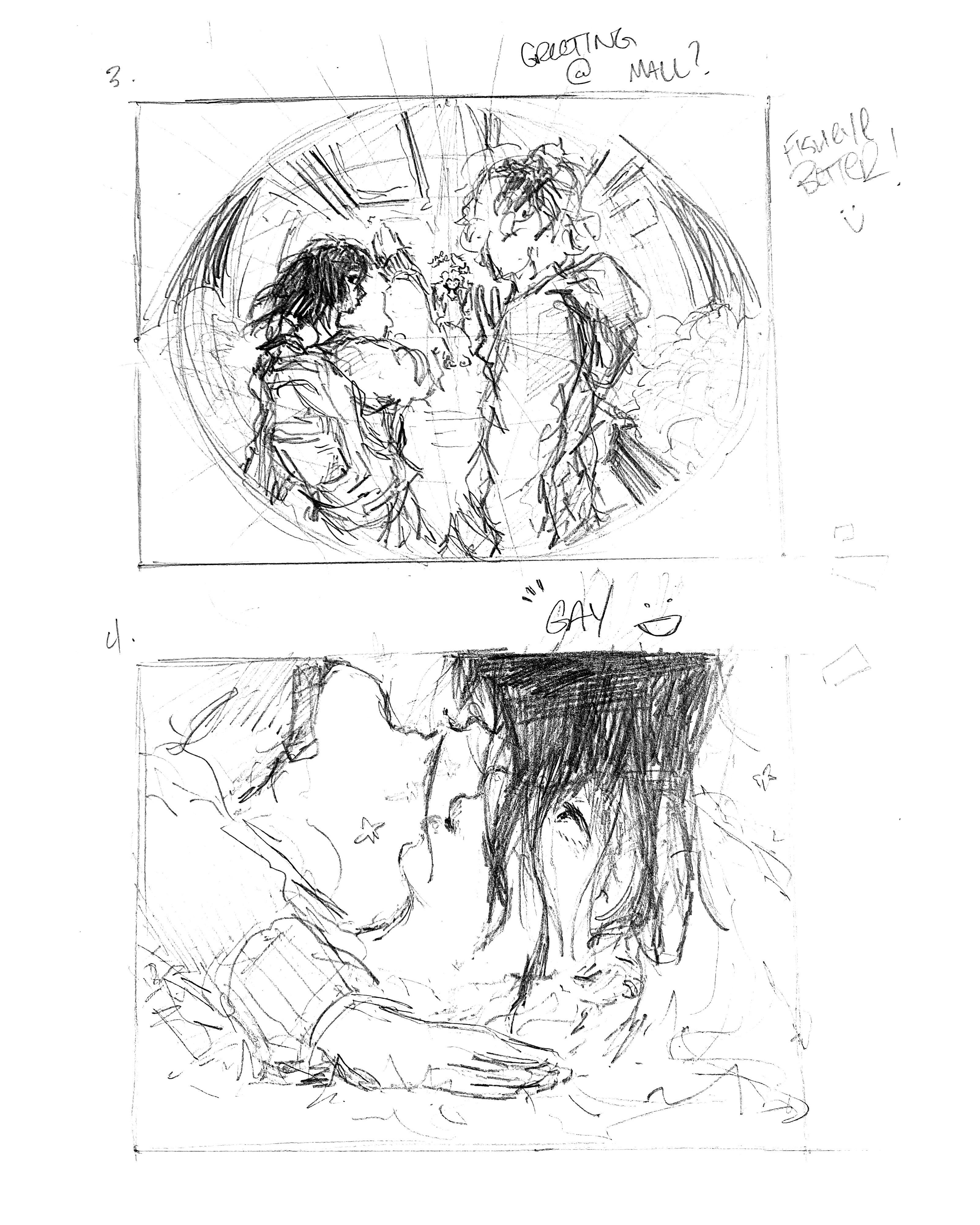 two sketches, one on top of two people waving in a fisheye lense, the other of two girls, one on the ground and the other above her