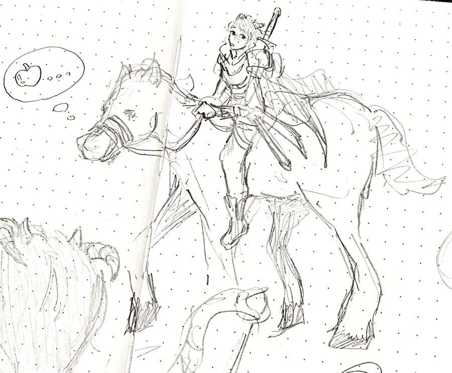 drawing of my skyrim character on a horse looking back behind her