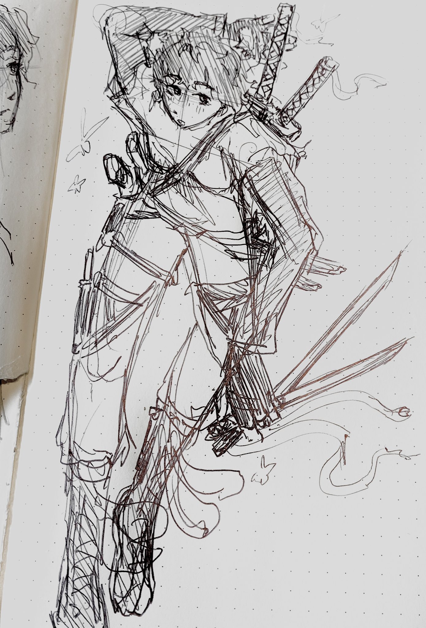 sketch of a dynamically posed girl with way too many swords