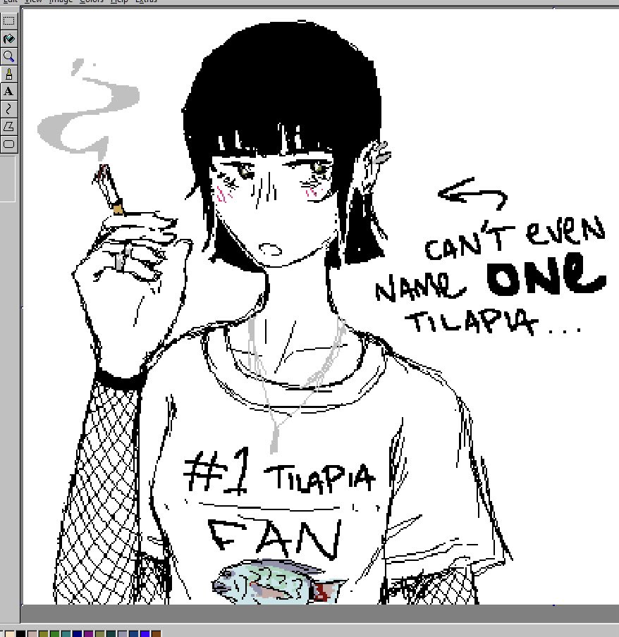 pixelated drawing of a girl smoking a cigarette with a shirt saying #1 TILAPIA FAN. an arrow is pointing to her saying that she can't even name one tilapia.
