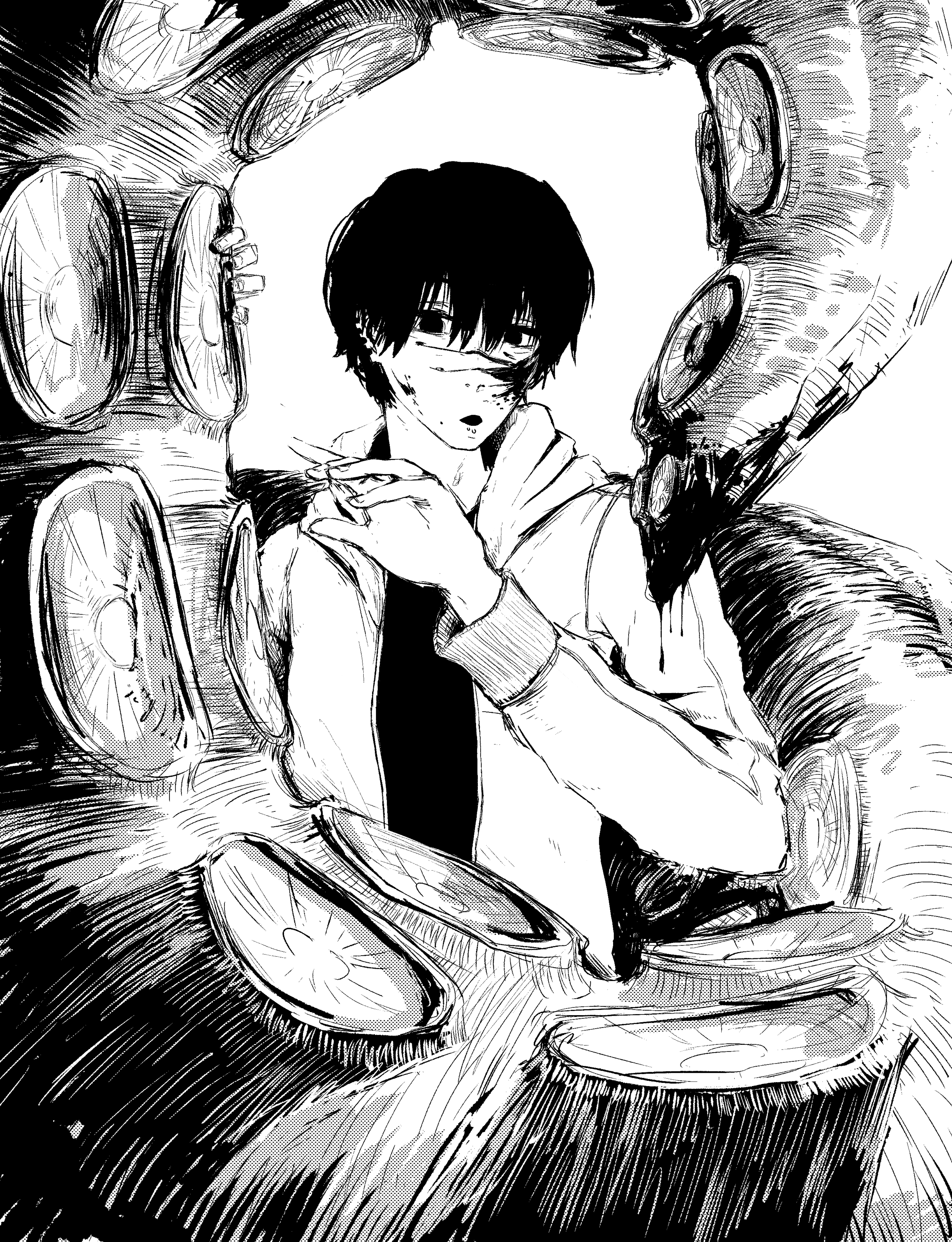 yoshida from chainsaw man with blood on his cheek, holding onto his tentacle as it wraps around him